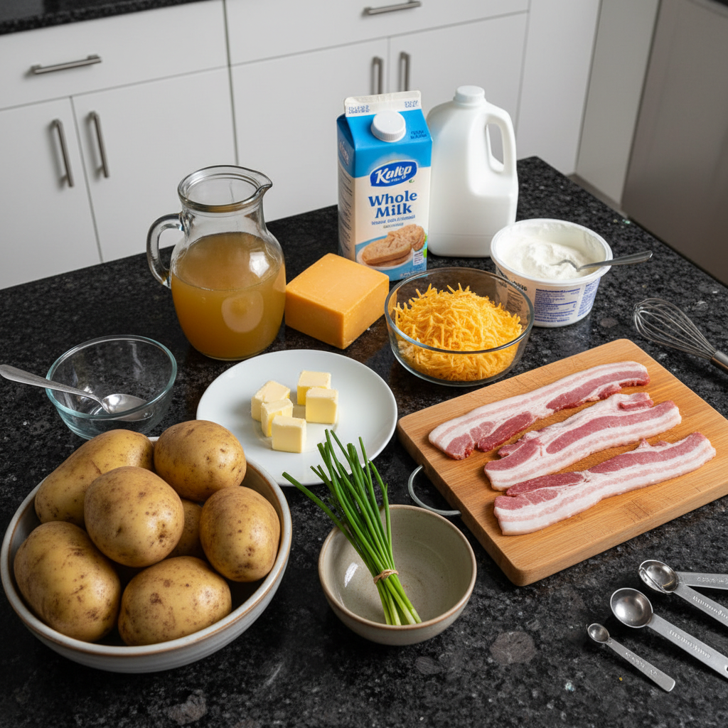 baked-potato-soup-ingredients A selection of fresh ingredients laid out for making delicious baked potato soup, including potatoes, cheese, bacon, and cream.