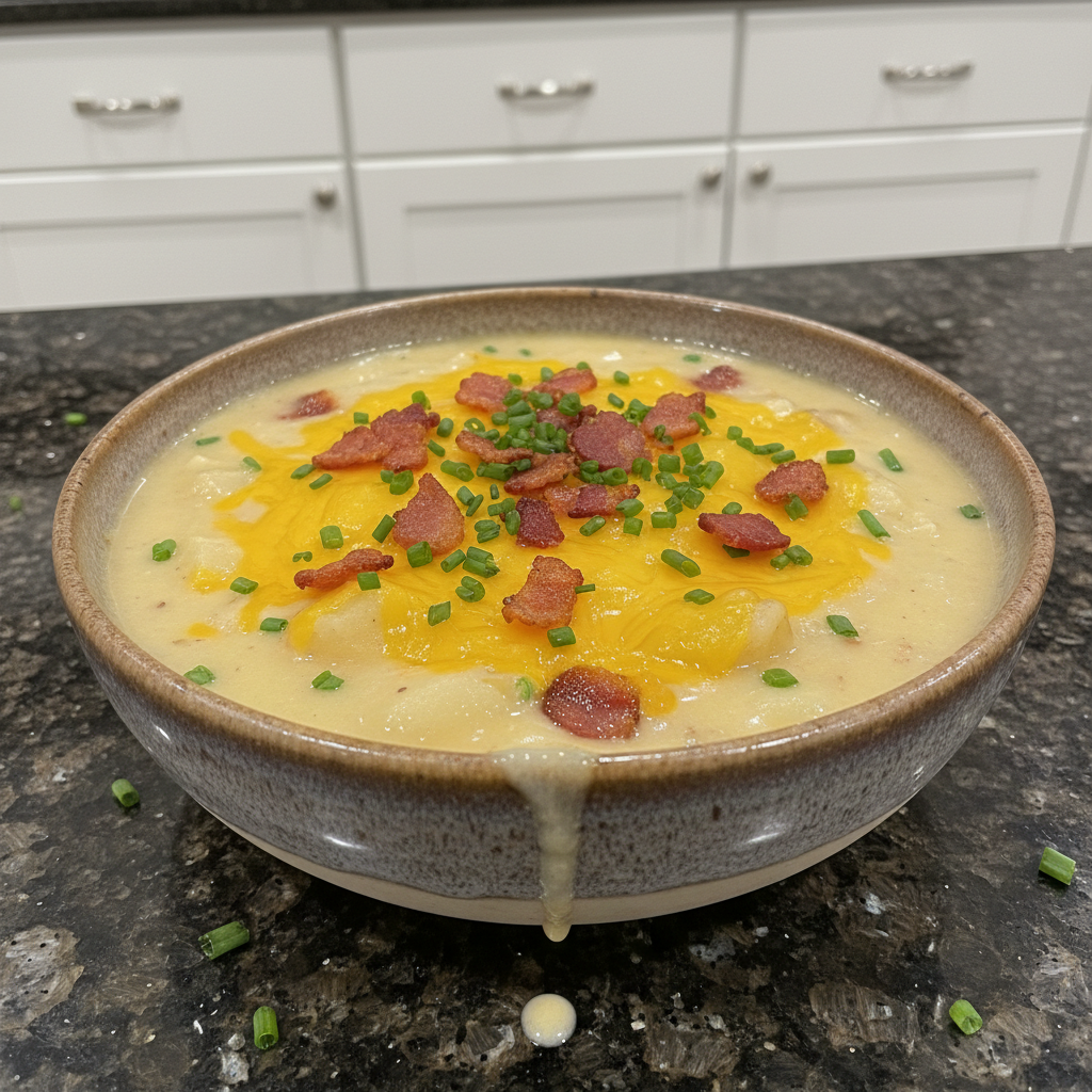 A rustic bowl of creamy baked potato soup, garnished generously with crispy bacon, vibrant chives, and melted cheddar cheese.