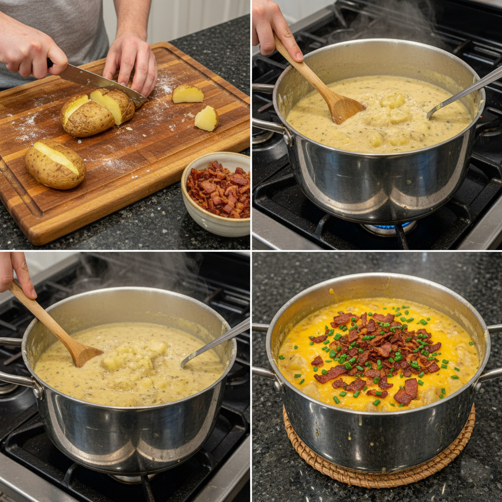 baked-potato-soup-prep-step A chef mashing tender, cooked potatoes in a large pot, a key step for creating smooth baked potato soup.