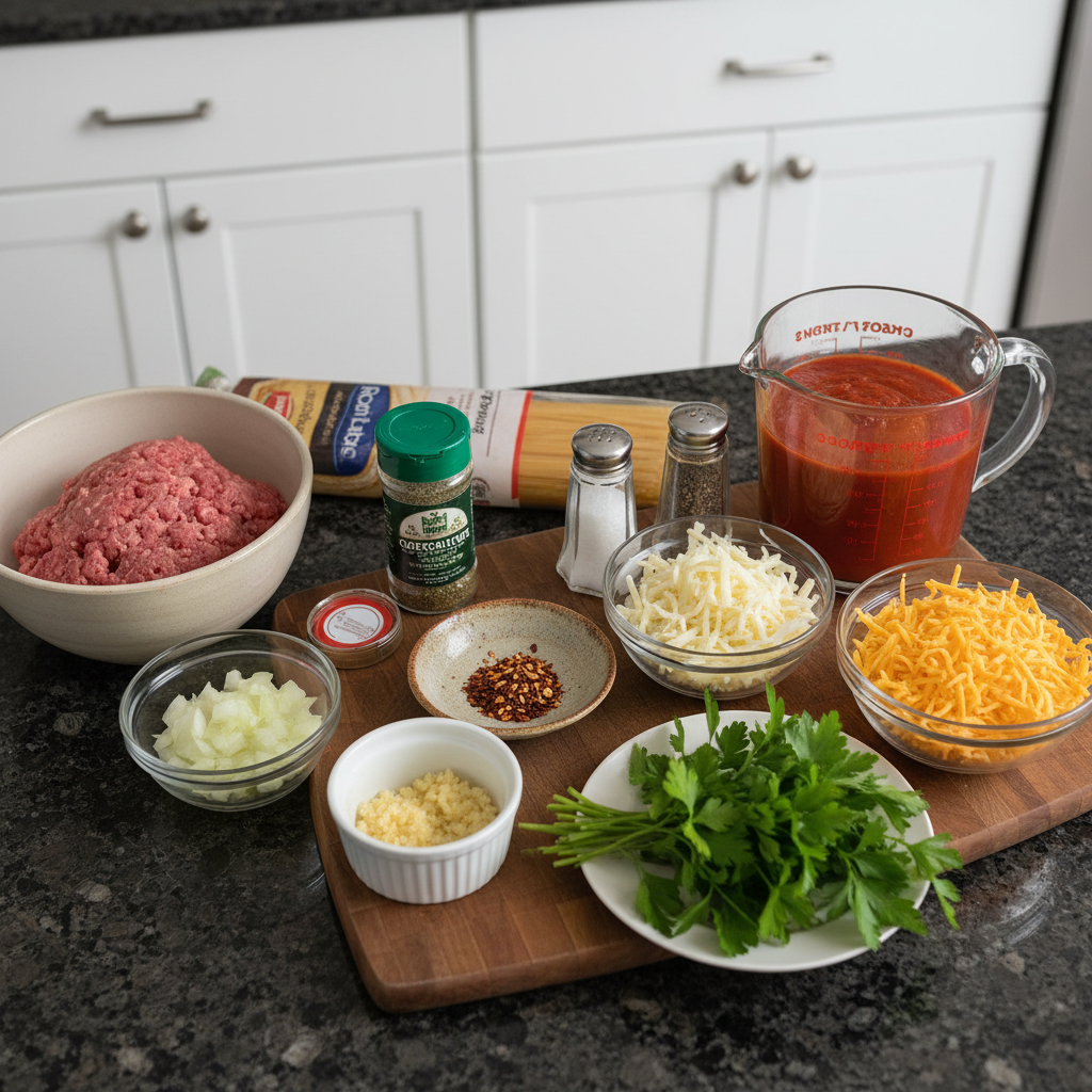 Fresh ingredients for baked spaghetti laid out, including ground beef, pasta, sauce, and cheese.