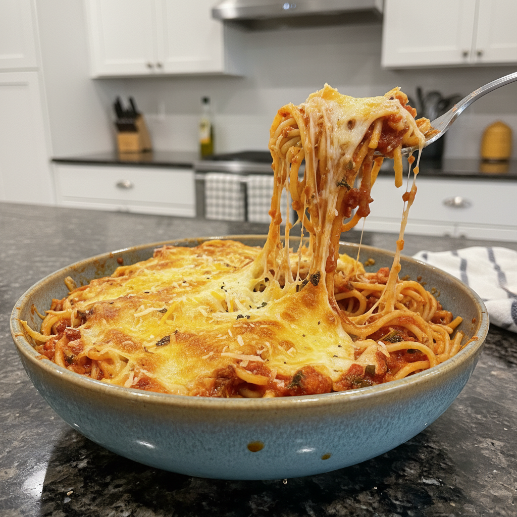 A bubbling casserole dish of golden brown baked spaghetti, garnished with fresh basil.
