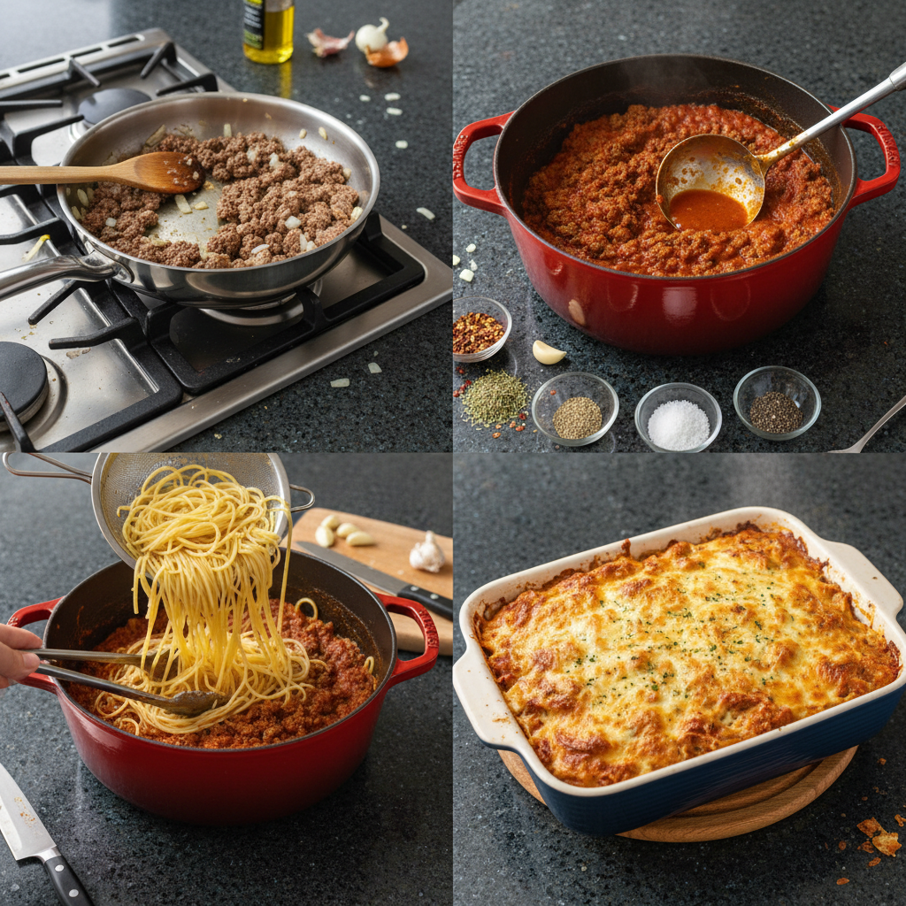 A close-up of a casserole dish being layered with spaghetti, meat sauce, and mozzarella cheese during preparation.