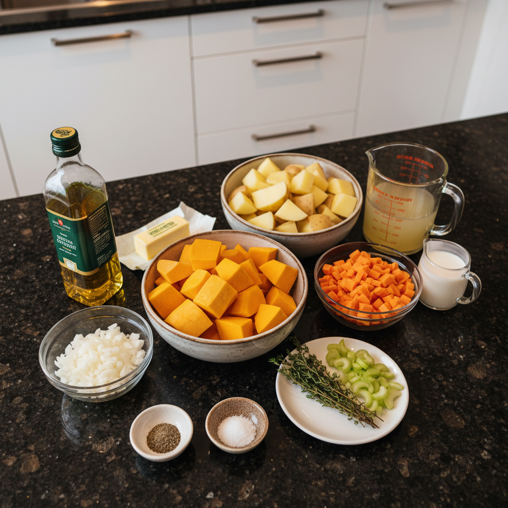 butternut-squash-soup-ingredients Fresh butternut squash, carrots, onions, garlic, and spices laid out for making butternut squash soup.