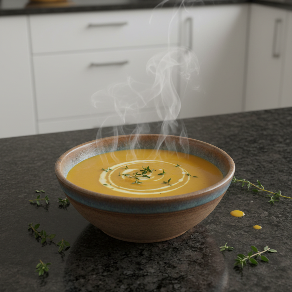 A creamy bowl of butternut squash soup garnished with fresh herbs and a swirl of cream, ready to be enjoyed.