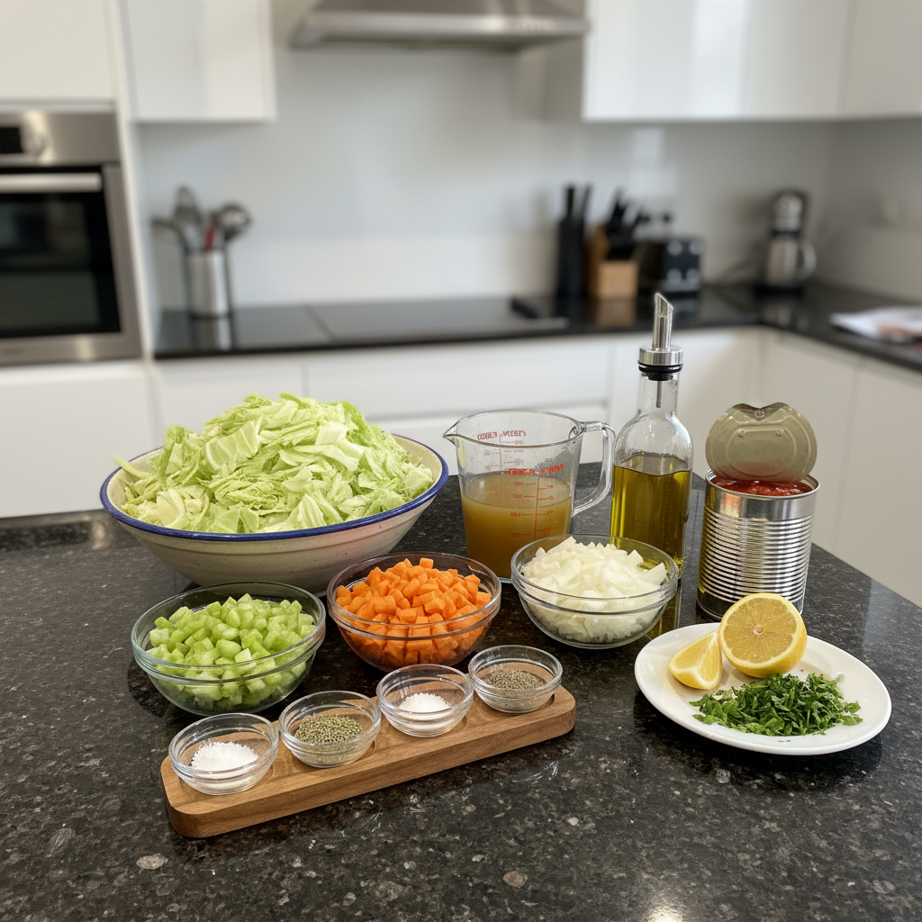 Fresh ingredients like cabbage, carrots, and tomatoes laid out for a hearty cabbage soup.
