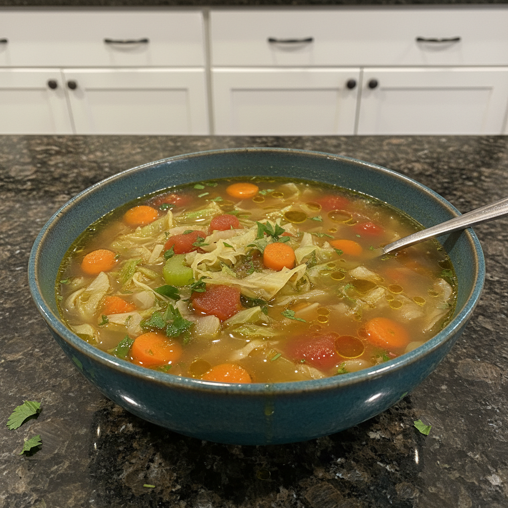 A steaming bowl of healthy cabbage soup, garnished with fresh herbs.