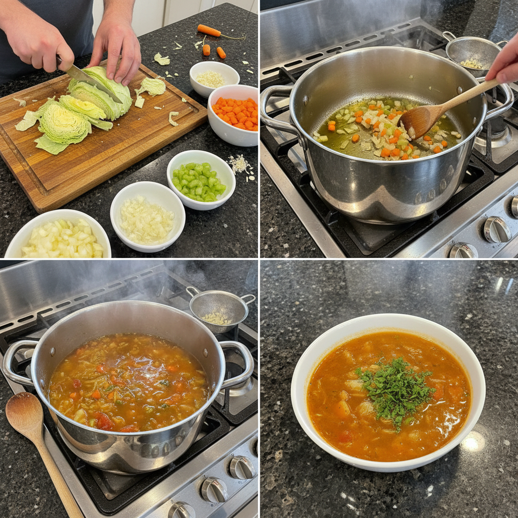 Diced vegetables, including cabbage, being sautéed in a pot for a healthy soup.