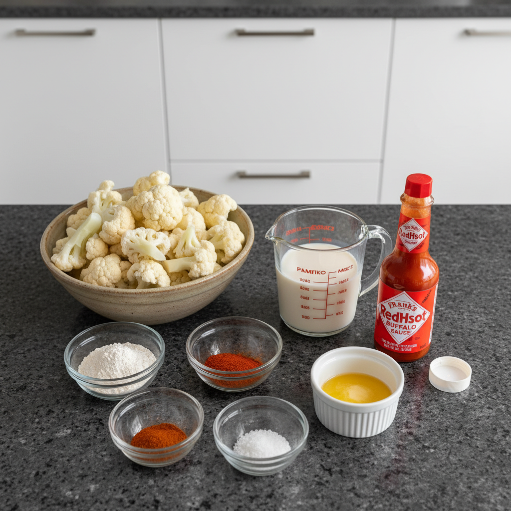 cauliflower-buffalo-wings-ingredients Fresh cauliflower florets, hot sauce, and spices laid out for making Cauliflower Buffalo Wings.