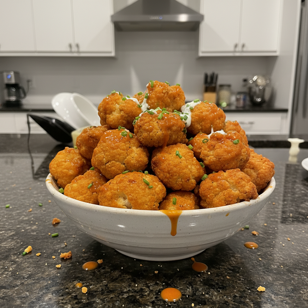 Spicy golden Cauliflower Buffalo Wings piled high on a platter with a side of creamy ranch dressing.