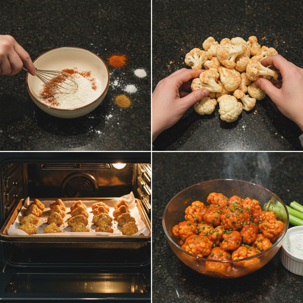 cauliflower-buffalo-wings-prep-step A hand coating cauliflower florets evenly with buffalo sauce mixture in a bowl for Cauliflower Buffalo Wings.