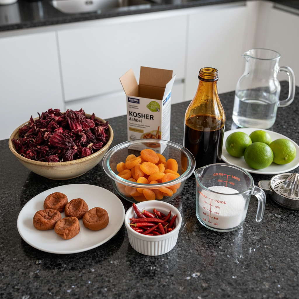 chamoy-sauce-ingredients Fresh apricots, dried chilies, and lime juice laid out for homemade chamoy sauce.