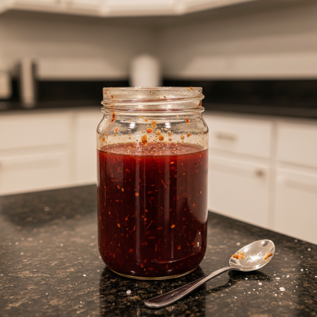 A vibrant red chamoy sauce drizzled over fresh mango slices, ready to be enjoyed.