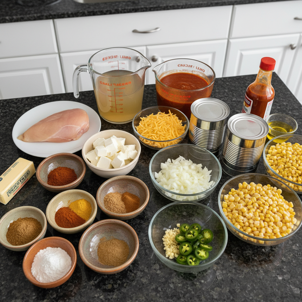 Fresh ingredients laid out for chicken enchilada soup, including shredded chicken, corn, beans, tomatoes, and spices.