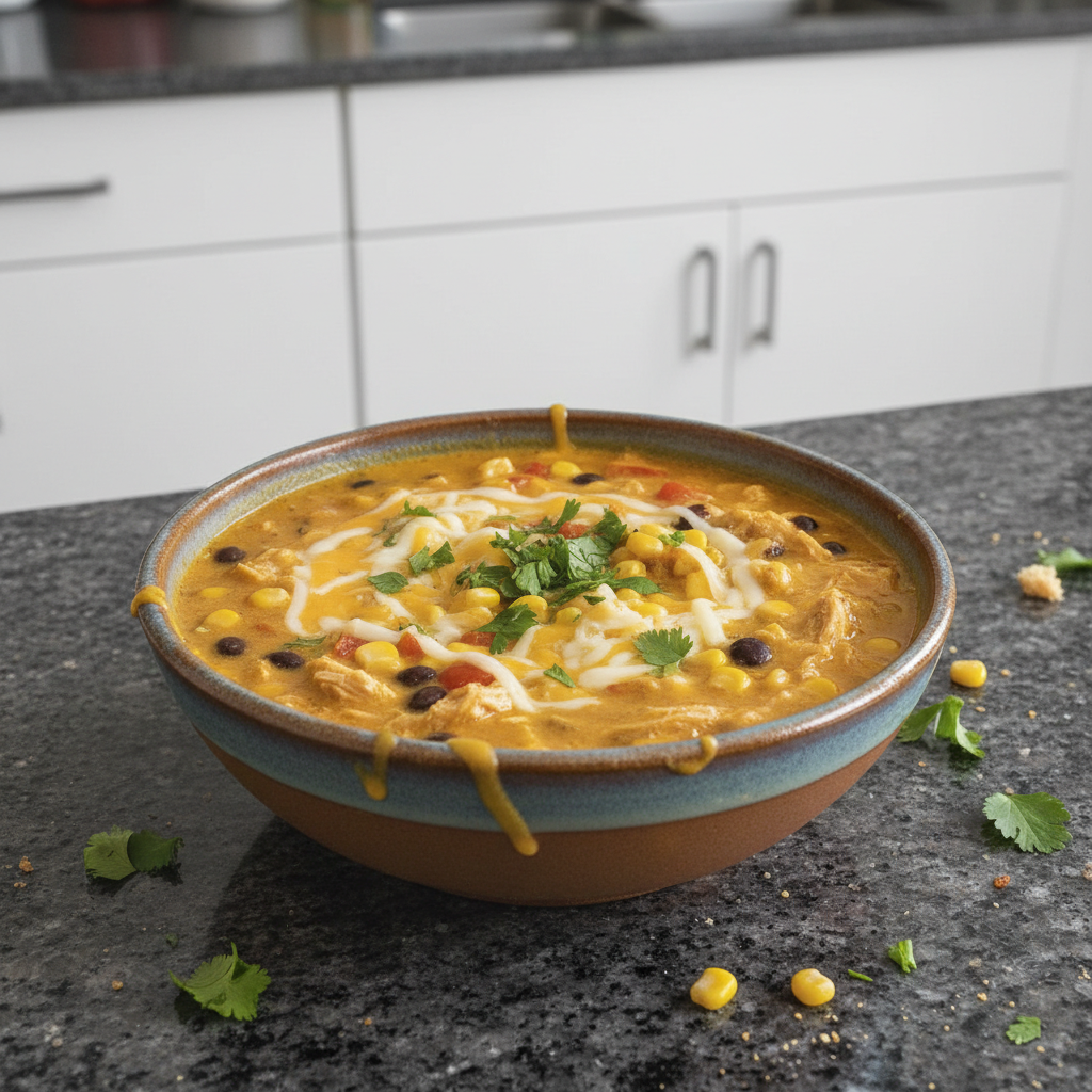 A hearty bowl of creamy chicken enchilada soup garnished with fresh cilantro, a dollop of sour cream, and tortilla strips.
