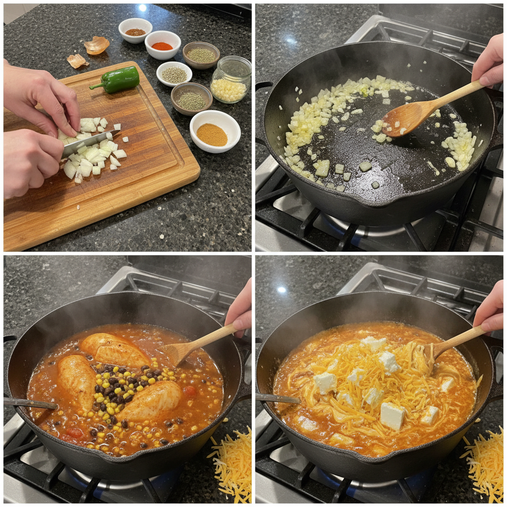Sautéing onions and peppers in a pan, an initial step for making a flavorful chicken enchilada soup base.