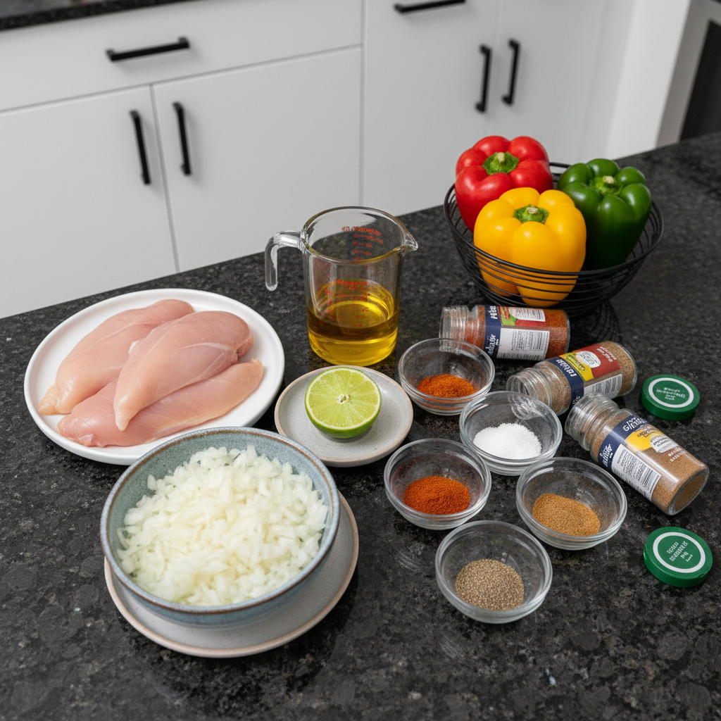 chicken-fajitas-ingredients-list Fresh ingredients for homemade chicken fajitas, including sliced chicken, bell peppers, onions, and spices.