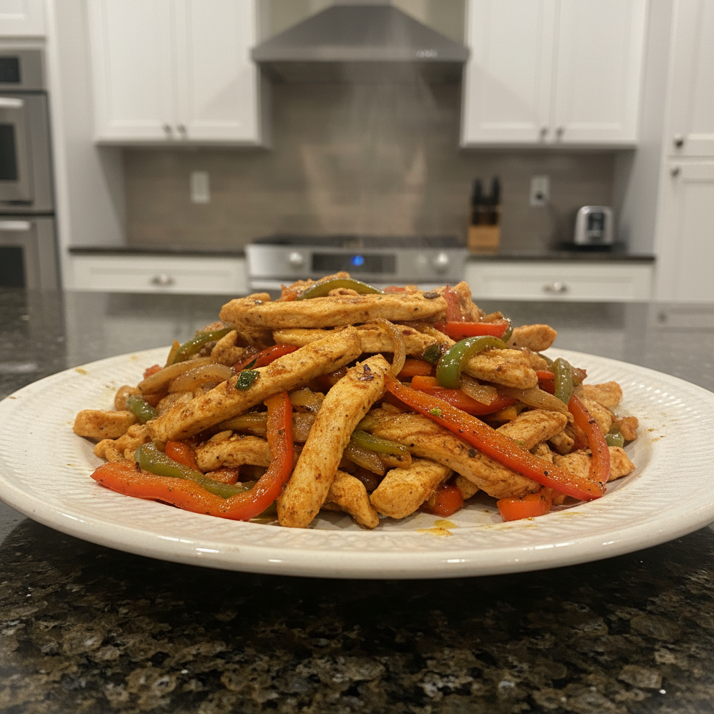 A sizzling platter of chicken fajitas served with colorful bell peppers, onions, and tortillas.