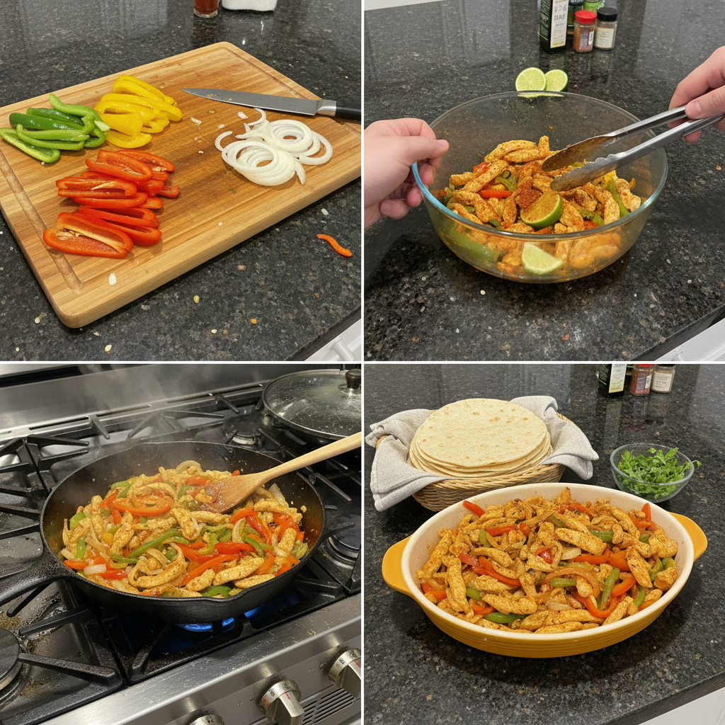 chicken-fajitas-prep-cooking Chicken and thinly sliced vegetables sizzling in a hot pan during the preparation of chicken fajitas.