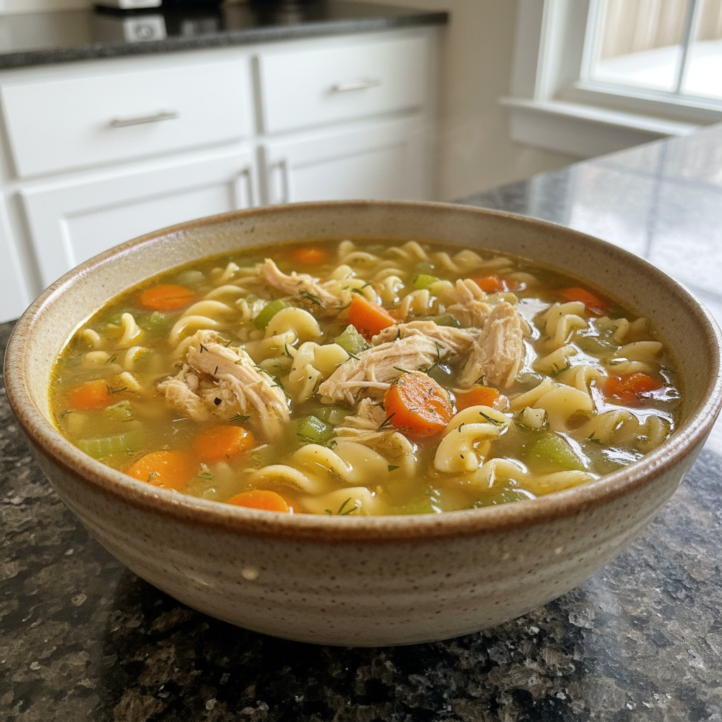 A steaming bowl of homemade chicken noodle soup, garnished with fresh herbs.