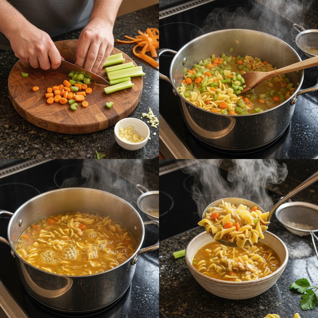 chicken-noodle-soup-prep-action A chef stirring chicken noodle soup in a large pot during the simmering process.