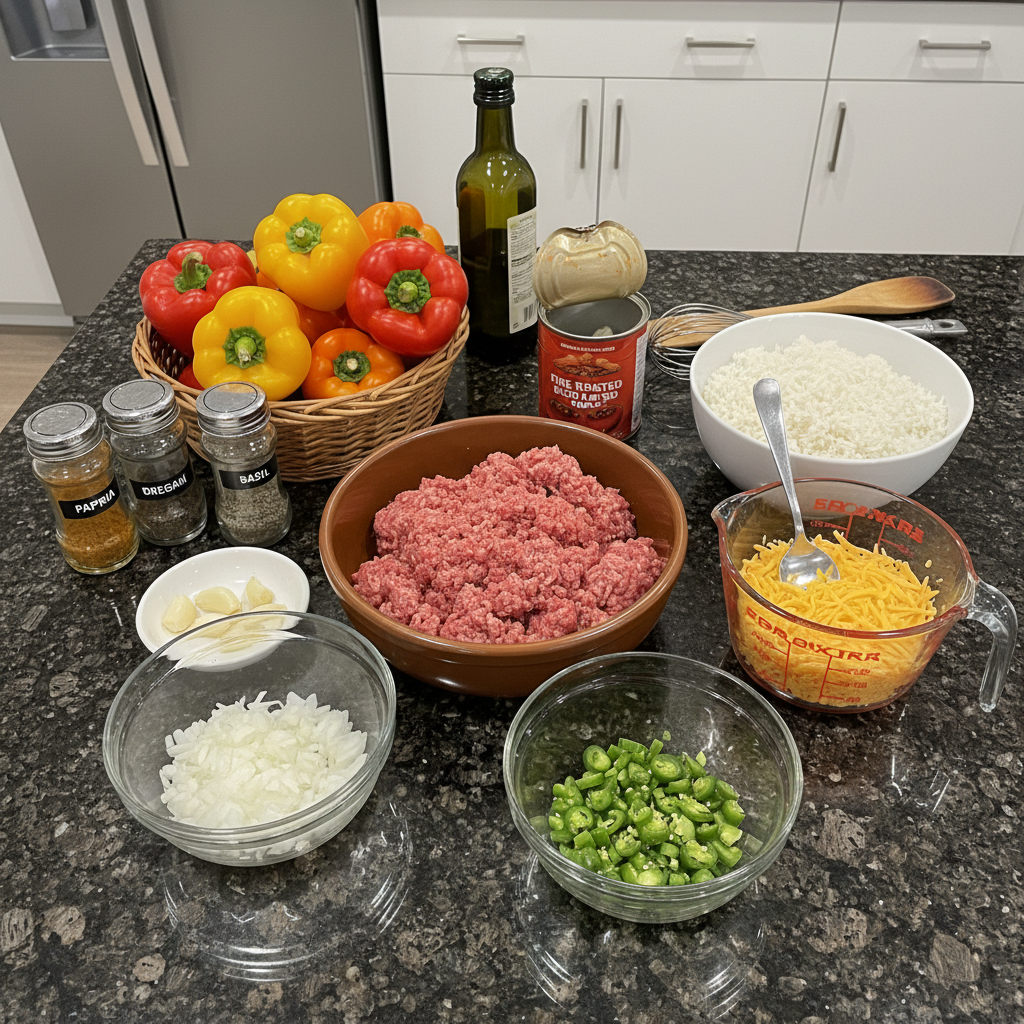 classic-beef-stuffed-peppers-ingredients-mise-en-place Fresh bell peppers, ground beef, rice, and tomato sauce, neatly arranged as ingredients for Classic Beef Stuffed Peppers.