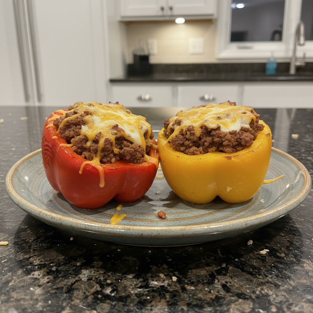 A vibrant plate of classic beef stuffed peppers, generously filled and topped with melted cheese, fresh from the oven.
