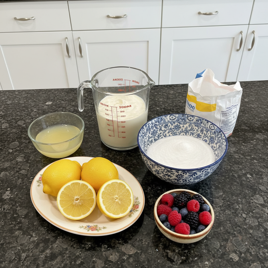 Various fresh ingredients for a creamy lemon dessert, including lemons, heavy cream, sugar, and eggs, neatly arranged on a counter.