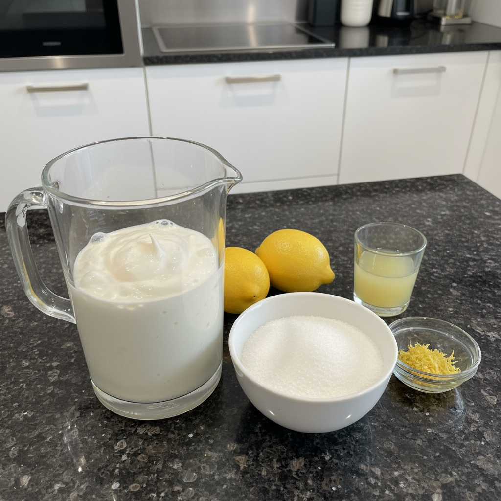 Fresh lemons, heavy cream, sugar, and eggs laid out on a wooden board, essential for a Creamy Lemon Dessert.