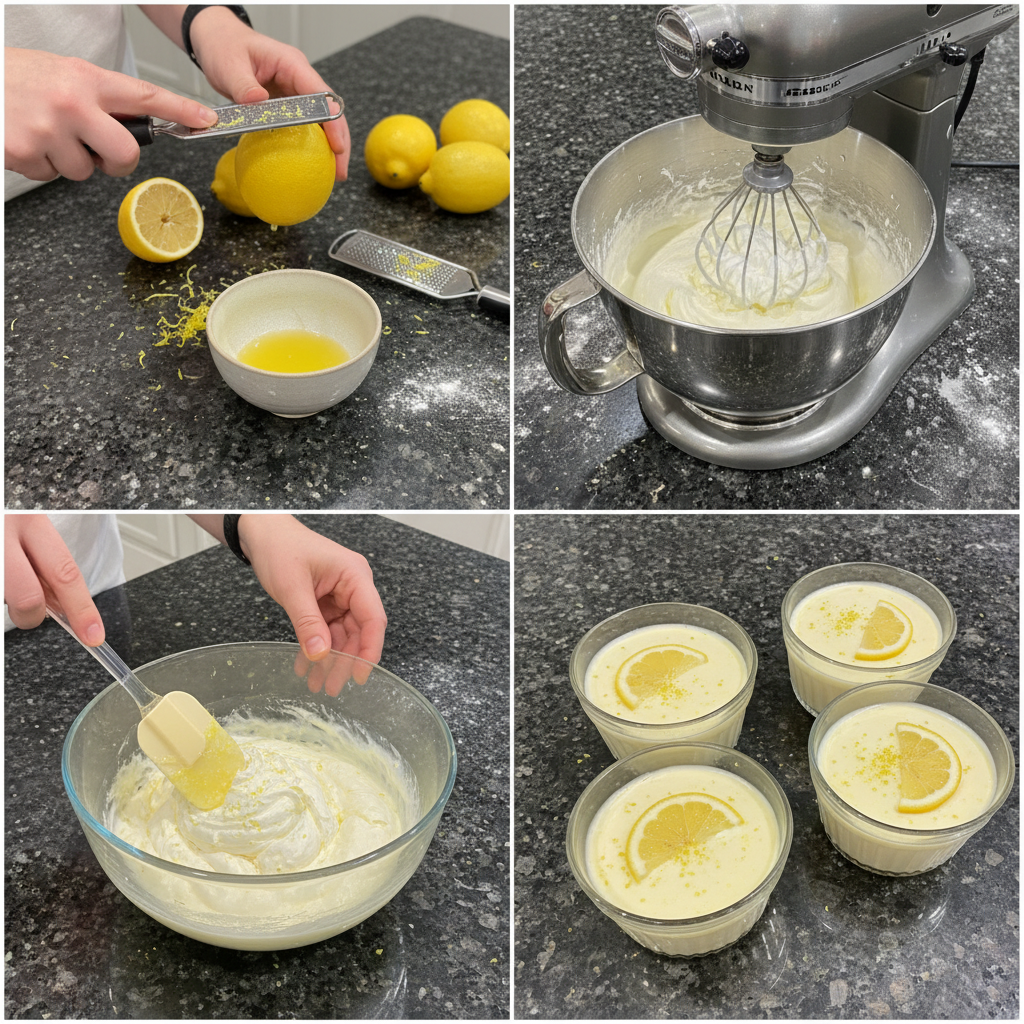 A hand zesting a bright yellow lemon over a bowl of ingredients for the Creamy Lemon Dessert mixture.