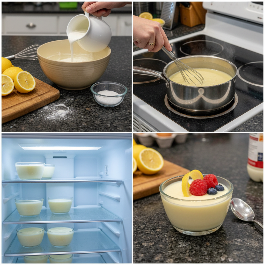 Hands whisking a creamy lemon filling mixture in a glass bowl, a crucial step for the creamy lemon dessert.
