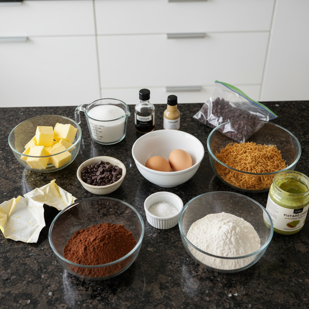 dubai-chocolate-brownies-ingredients-flat-lay An overhead shot of fresh, high-quality ingredients laid out to make delicious Dubai Chocolate Brownies.