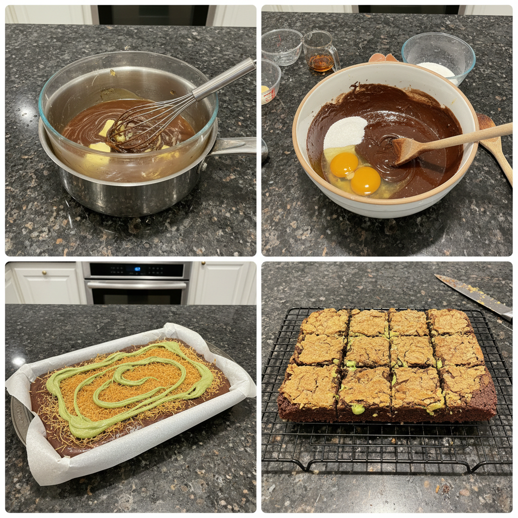 dubai-chocolate-brownies-mixing-batter Hands mixing the rich, glossy batter in a bowl, a crucial step for perfect Dubai Chocolate Brownies.