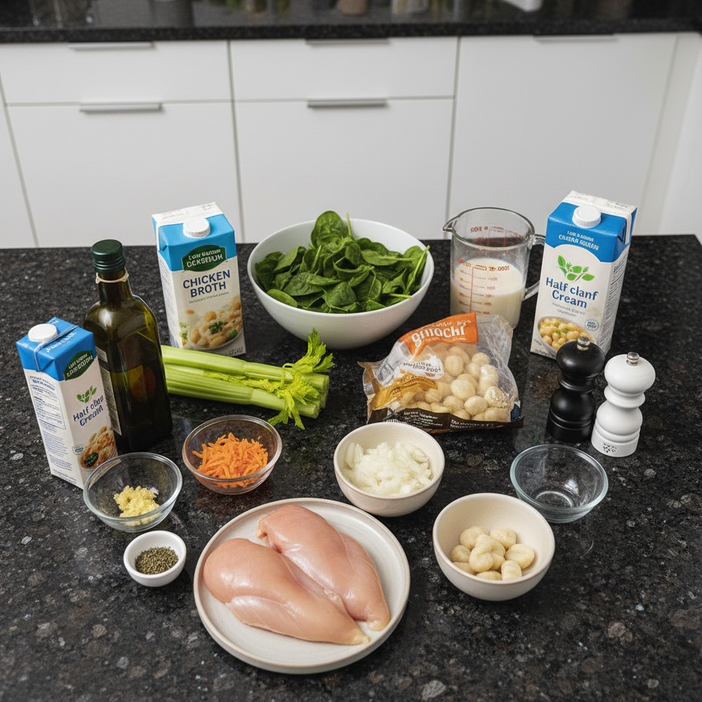 Fresh ingredients laid out for making creamy gnocchi soup, including potato gnocchi, spinach, chicken, and cream.