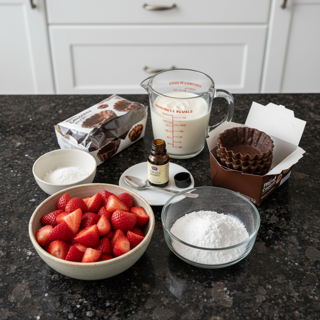 heart-shaped-strawberry-mousse-ingredients Fresh strawberries, cream, sugar, and gelatin laid out for making heart-shaped strawberry mousse.