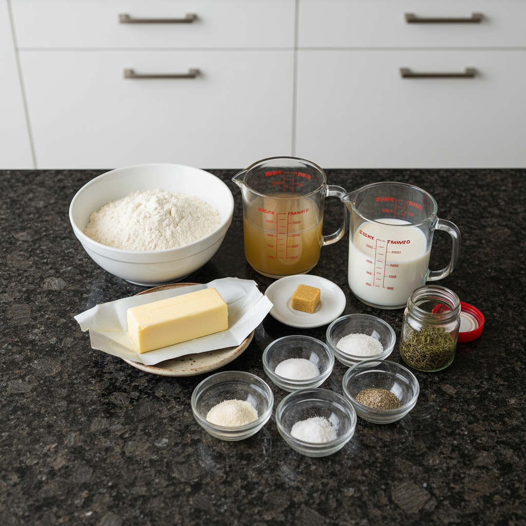 Fresh ingredients laid out on a wooden board for homemade cream of chicken soup, including chicken, cream, and vegetables.