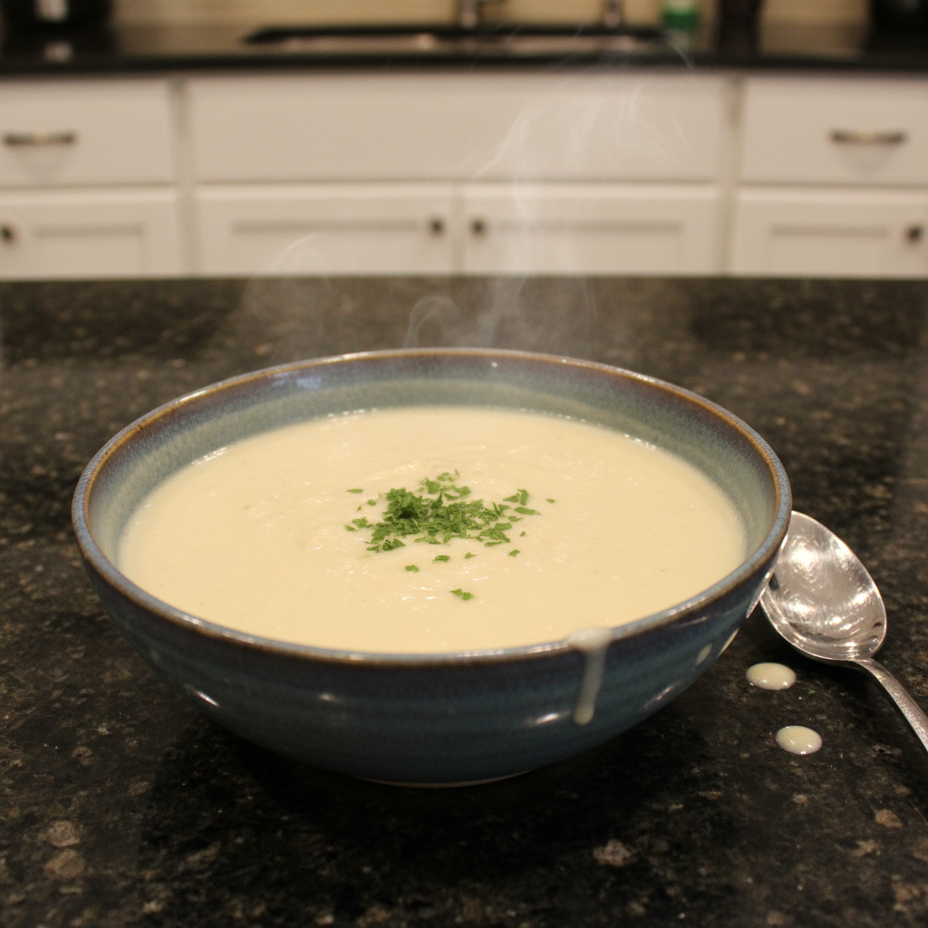 A warm, creamy bowl of homemade cream of chicken soup, garnished with fresh parsley.