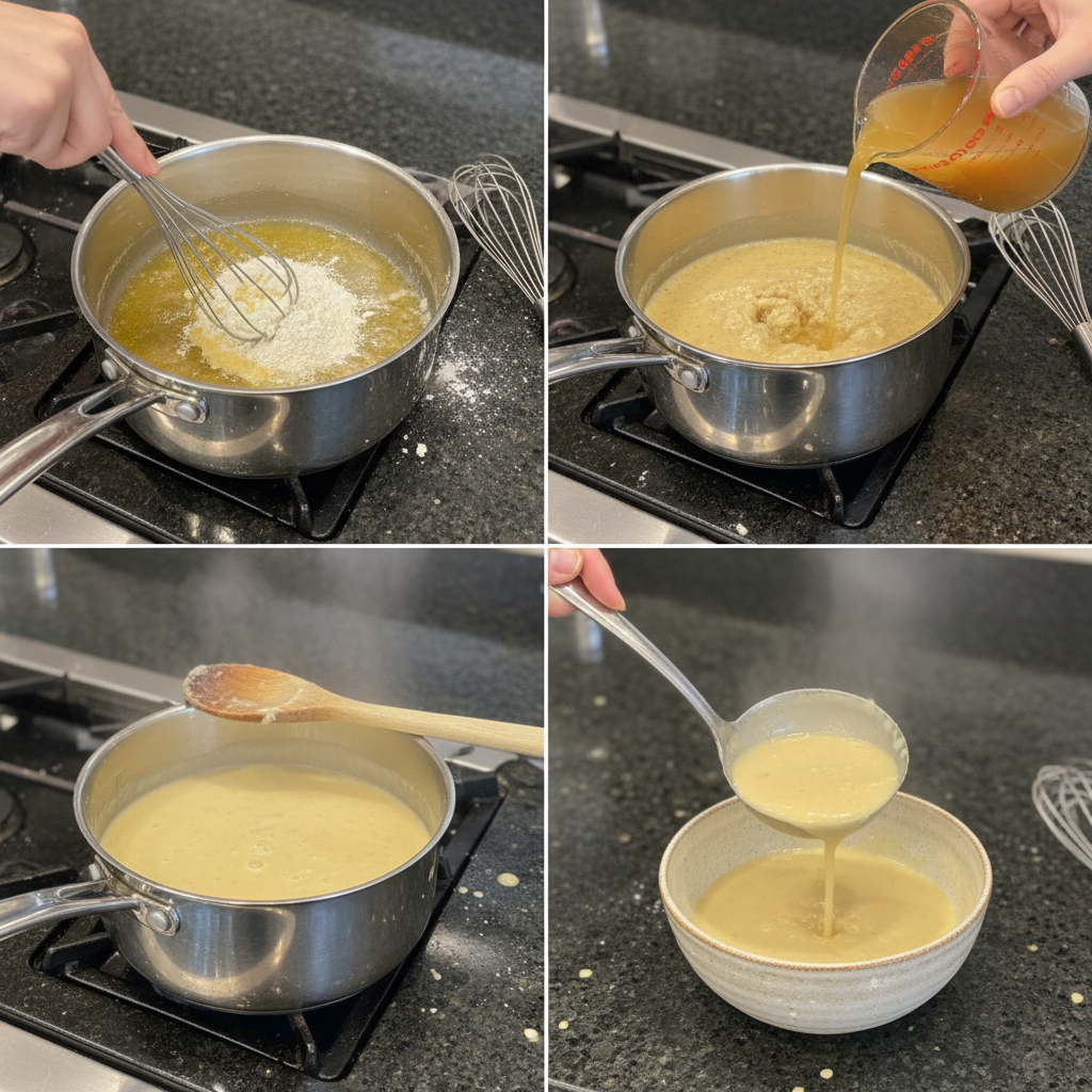 A skilled hand stirring a creamy roux in a pot, an essential step for homemade cream of chicken soup.