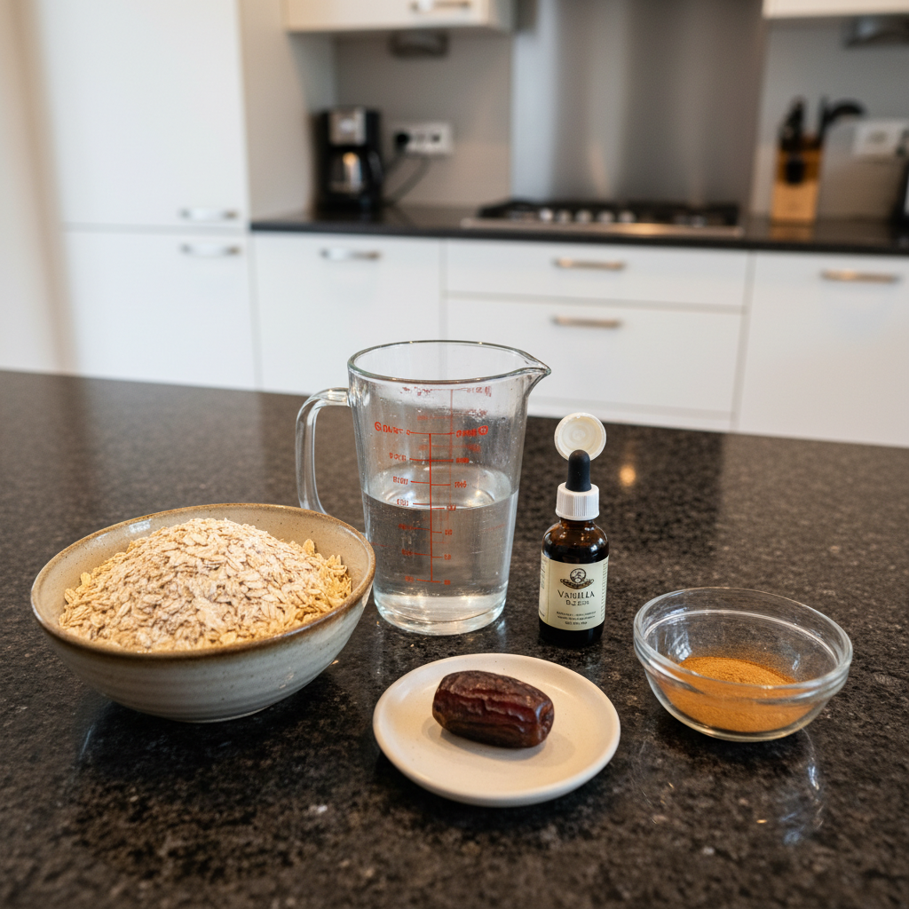 Raw oats, water, and a touch of sweetener laid out for making homemade oat milk.