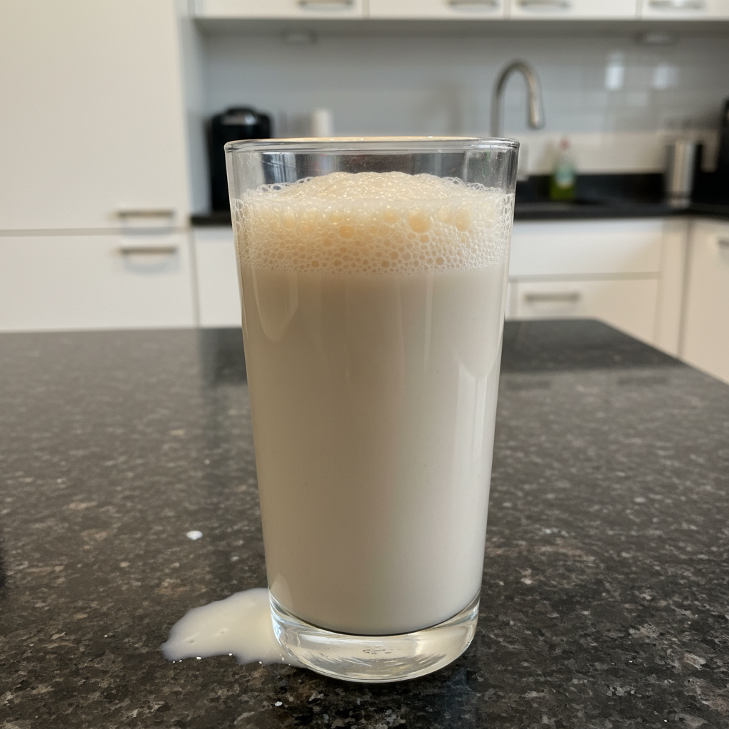 A frothy glass of homemade oat milk next to a pitcher, ready to be enjoyed.