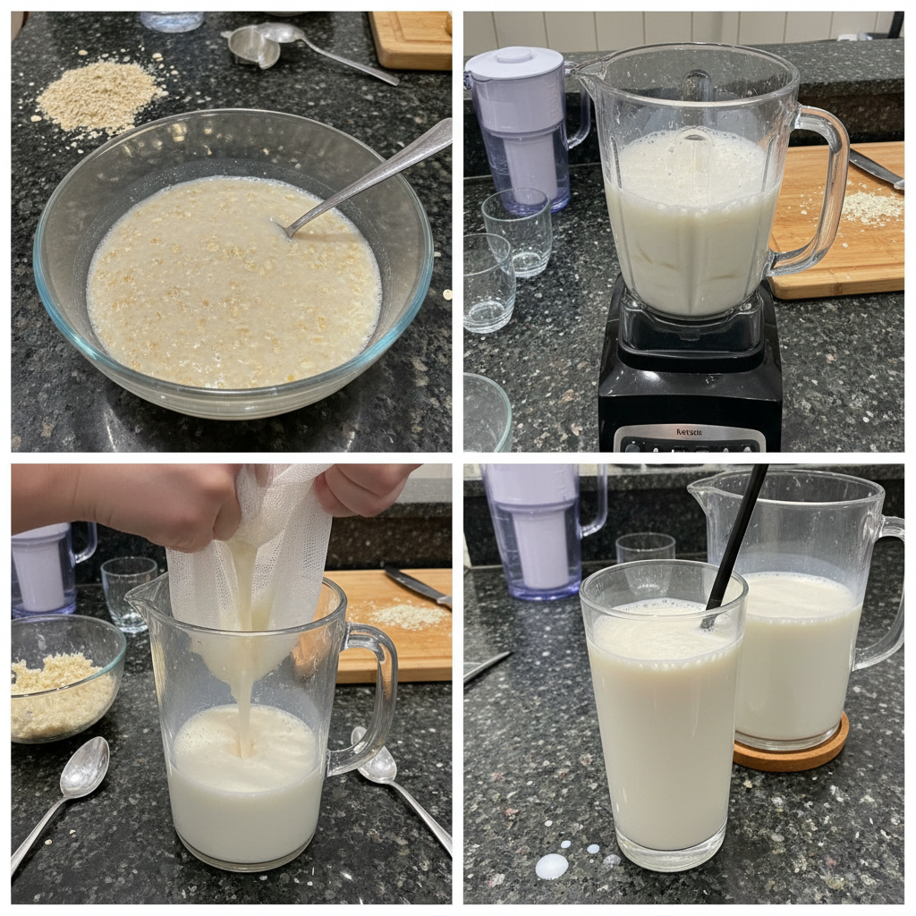 Blending rolled oats and water in a high-speed blender for making homemade oat milk.
