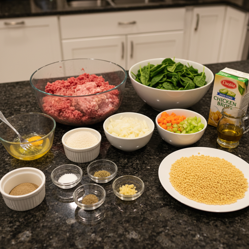 italian-wedding-soup-ingredients Fresh ingredients for italian wedding soup, including spinach, mini meatballs, broth, and pasta, laid out on a wooden board.