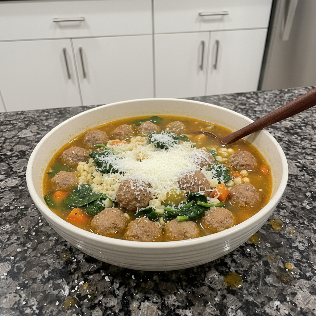 A steaming bowl of traditional italian wedding soup, garnished with fresh parsley and mini meatballs.
