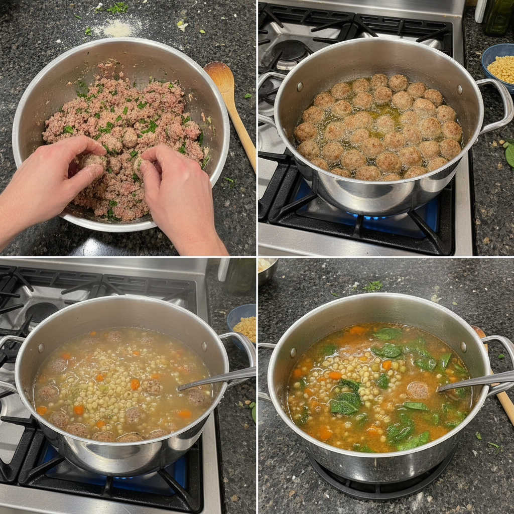 italian-wedding-soup-prep-step Hands stirring fresh spinach into a simmering pot of italian wedding soup with meatballs and pasta.