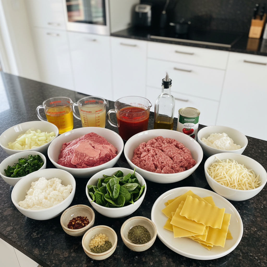 lasagna-soup-ingredients Fresh ingredients laid out for making delicious lasagna soup, including tomatoes, ground meat, pasta, and cheeses.