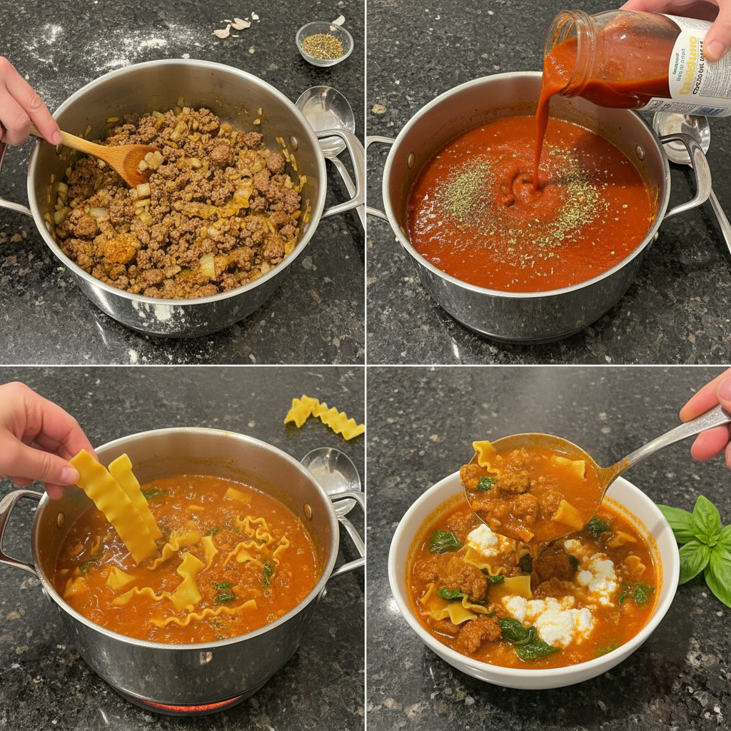 lasagna-soup-prep-step A chef is simmering the rich tomato and meat sauce, a key step in preparing a flavorful lasagna soup.