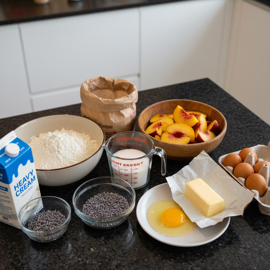 lavender-peach-valentine-cake-recipe-ingredients A flat lay of fresh lavender sprigs, ripe sliced peaches, flour, sugar, eggs, and butter, all ingredients for the Lavender and peach Valentine cake recipe.