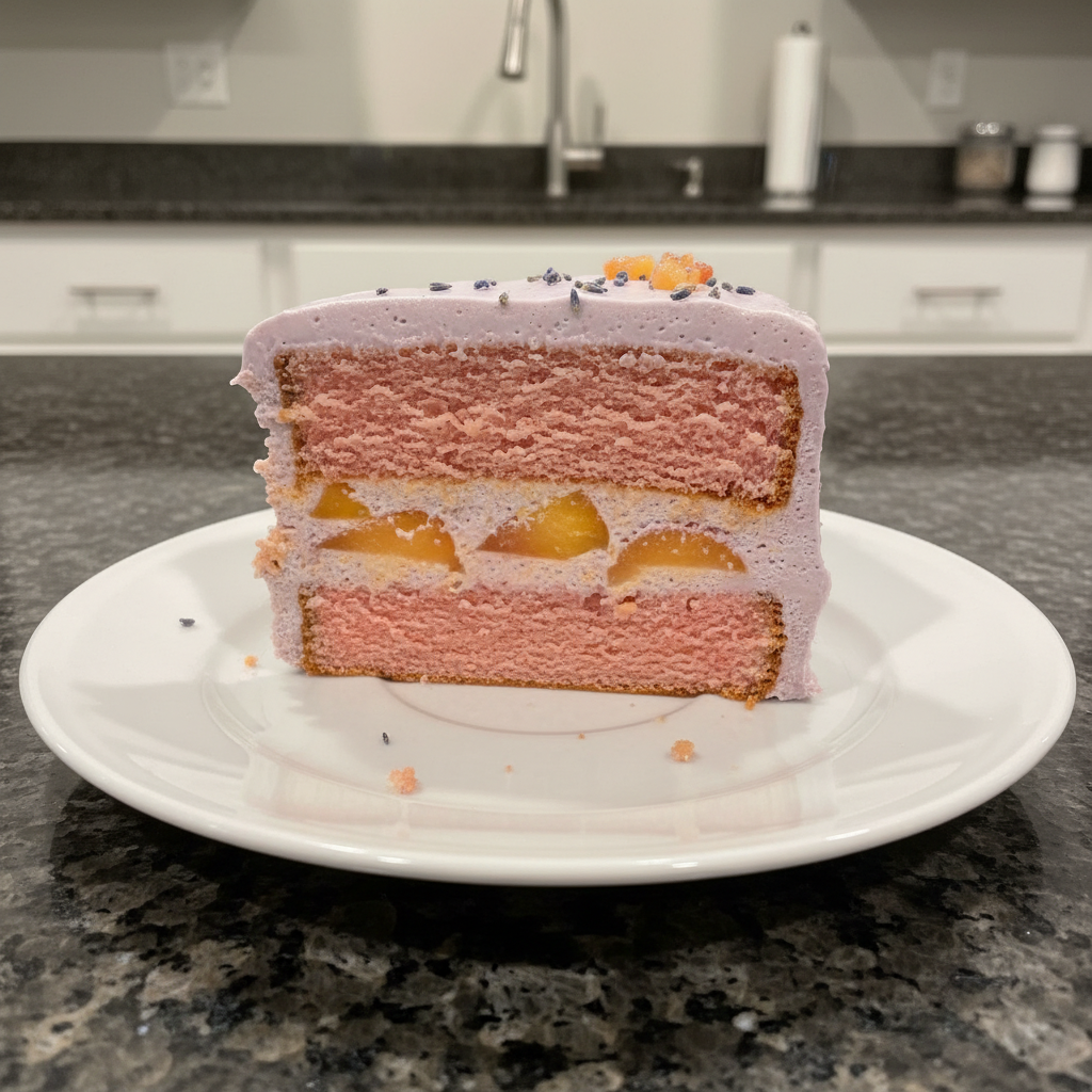A beautifully decorated Lavender and peach Valentine cake recipe with fresh peaches, lavender sprigs, and delicate frosting, perfect for a romantic celebration.