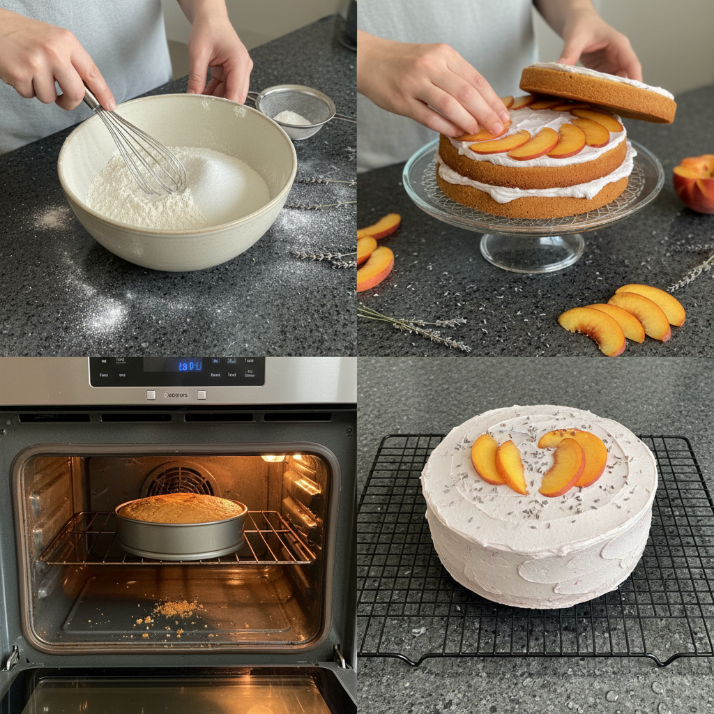 lavender-peach-valentine-cake-recipe-prep Hands gently folding a light purple lavender-infused batter into a round cake pan, preparing the Lavender and peach Valentine cake recipe.