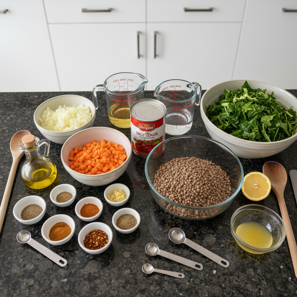 A colorful array of fresh vegetables, lentils, and spices laid out for making delicious lentil soup.
