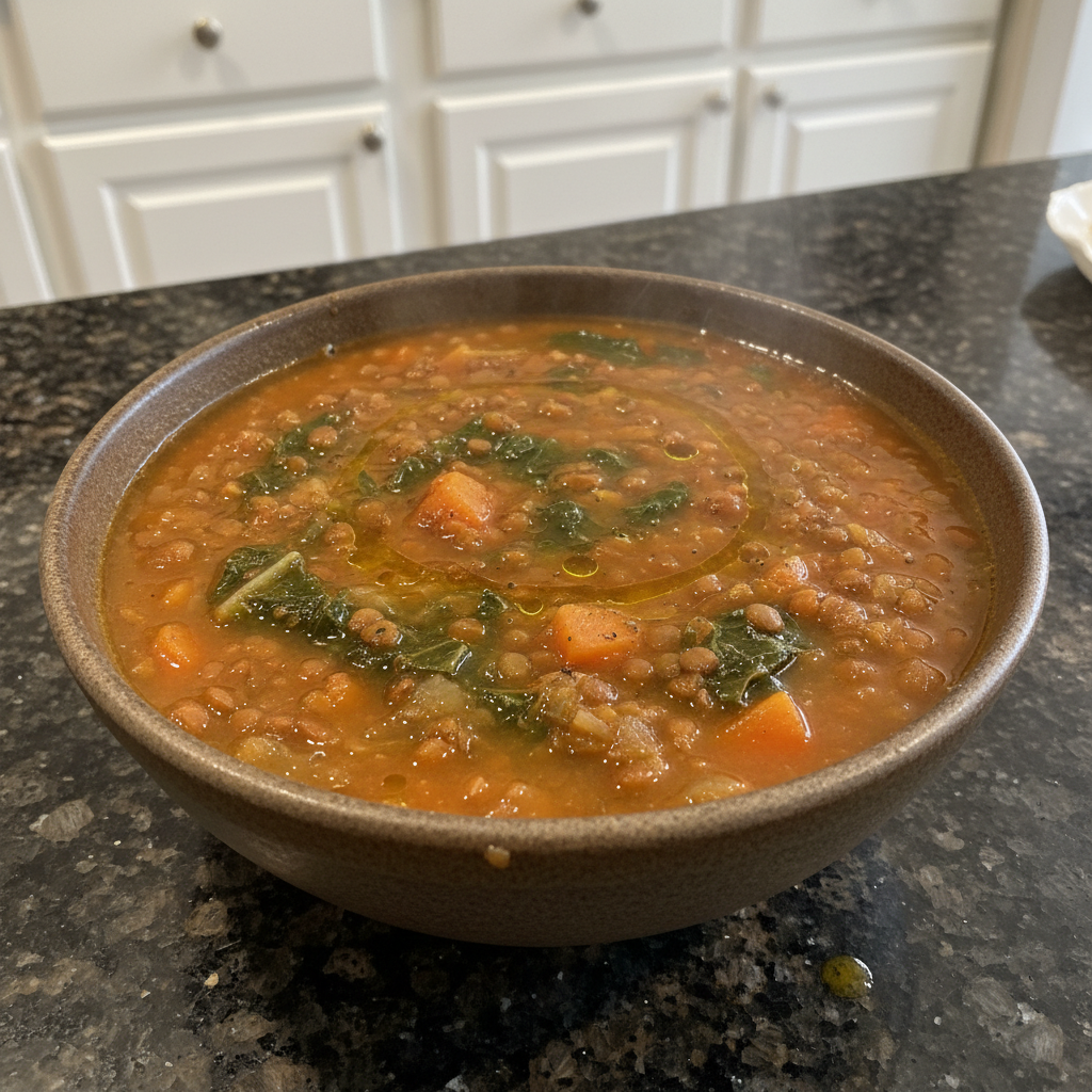 A steaming bowl of hearty lentil soup garnished with fresh herbs, ready to be enjoyed.